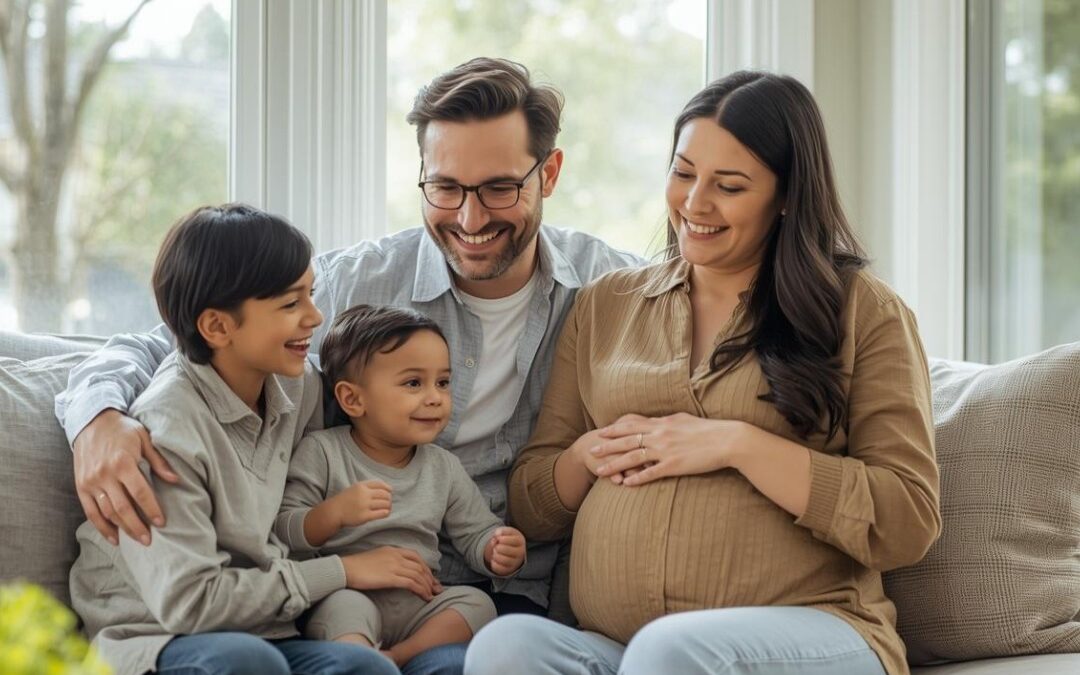 Smiling family of four sits together on a couch in a bright living room, with a pregnant mother holding her belly as the father and two young children gather close