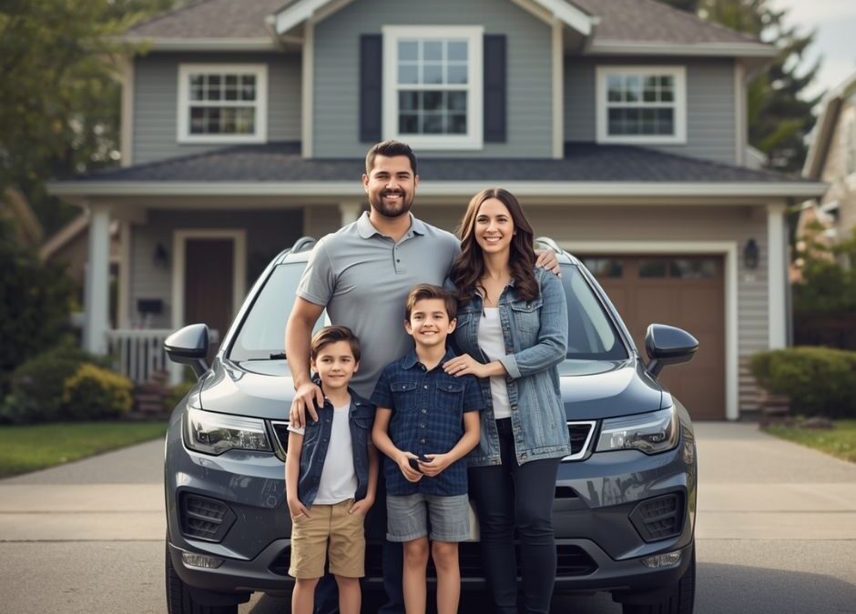 A smiling family of four poses together in front of a dark grey SUV parked in the driveway of their two-story suburban home - www.lisafrenchinsurance.com